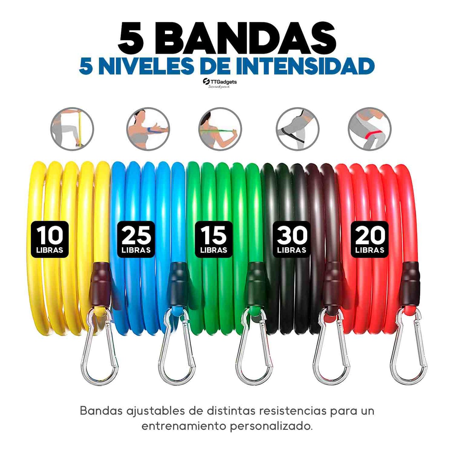 Bandas Elásticas De Resistencia Ejercicios Kit De 11 Piezas | 85 libras en total | Garantía 30 días