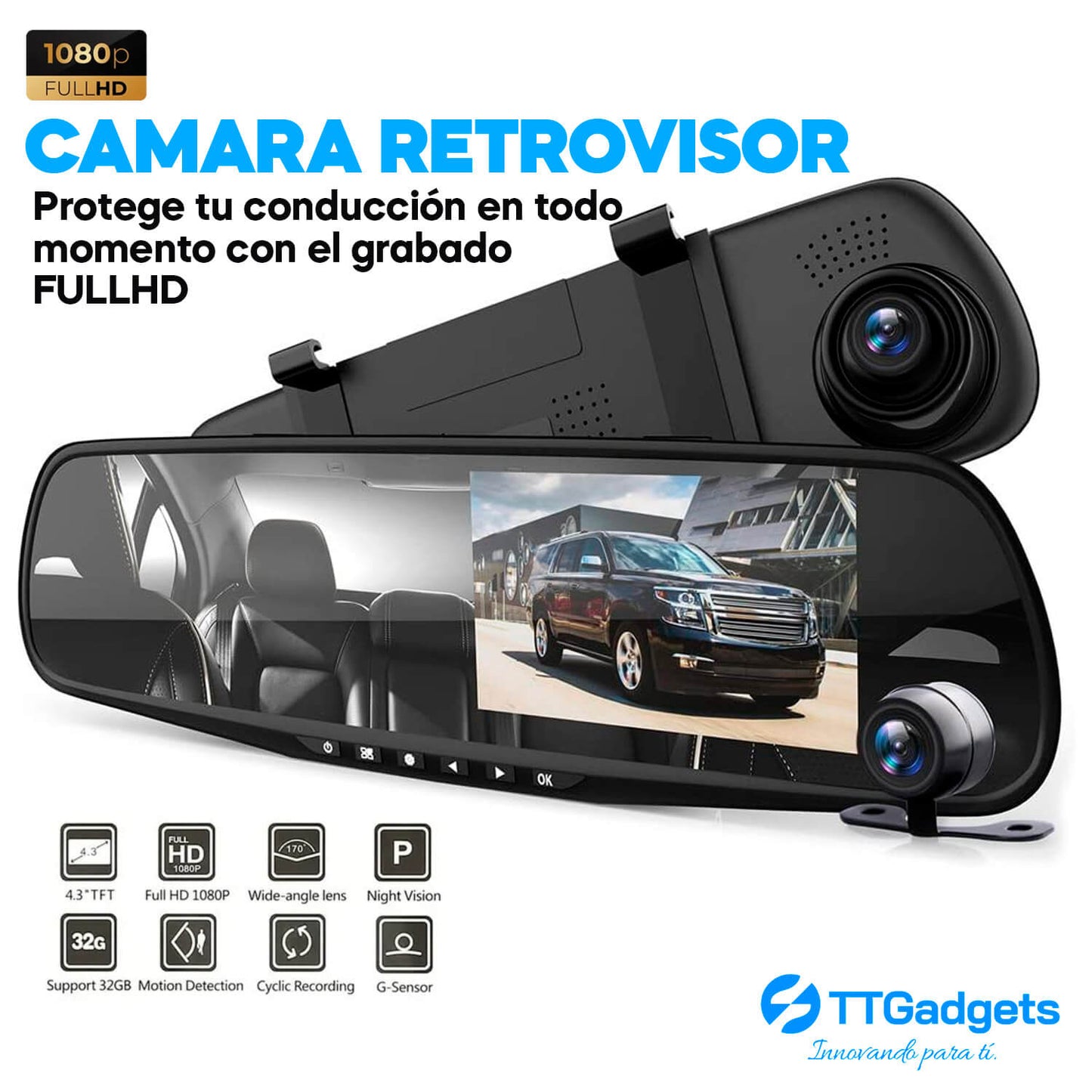 Cámara Espejo Retrovisor Amplio con Sistema de Cámara Integrada HD QuickDriving™