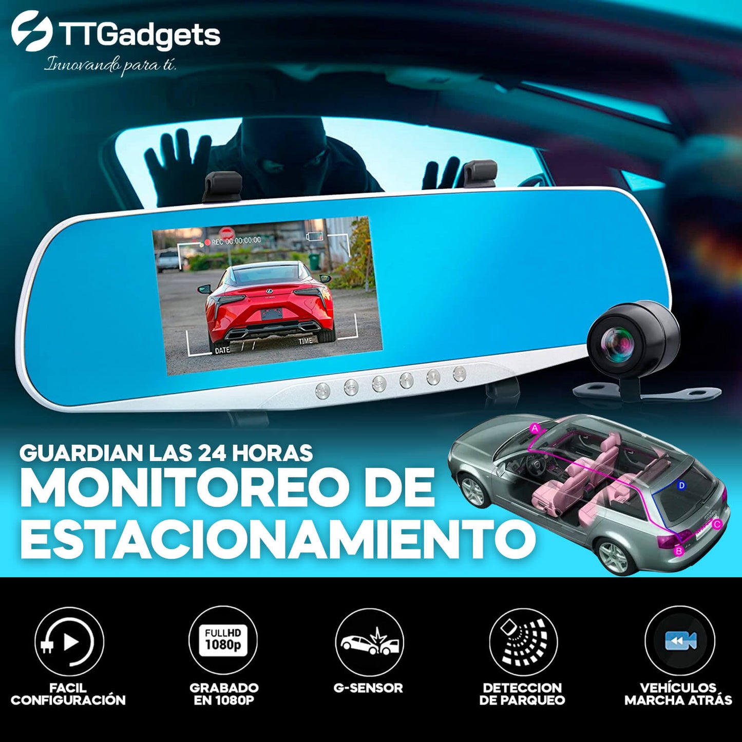 Cámara Espejo Retrovisor Amplio con Sistema de Cámara Integrada HD QuickDriving™