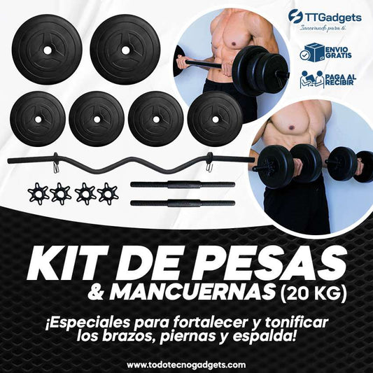Master Fit Kit: Kit Pesas & Mancuernas 20 Kilos con Barra
