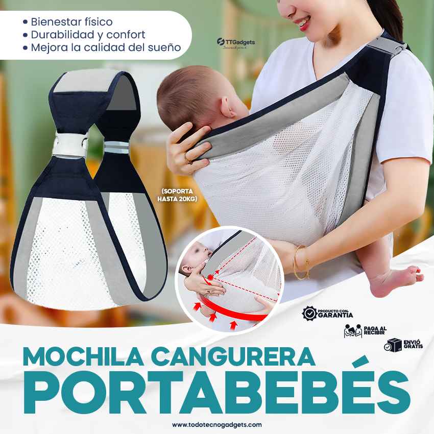 Mochila Cangurera Portabebés Ergonomica soporta hasta 20kg BabySafe™