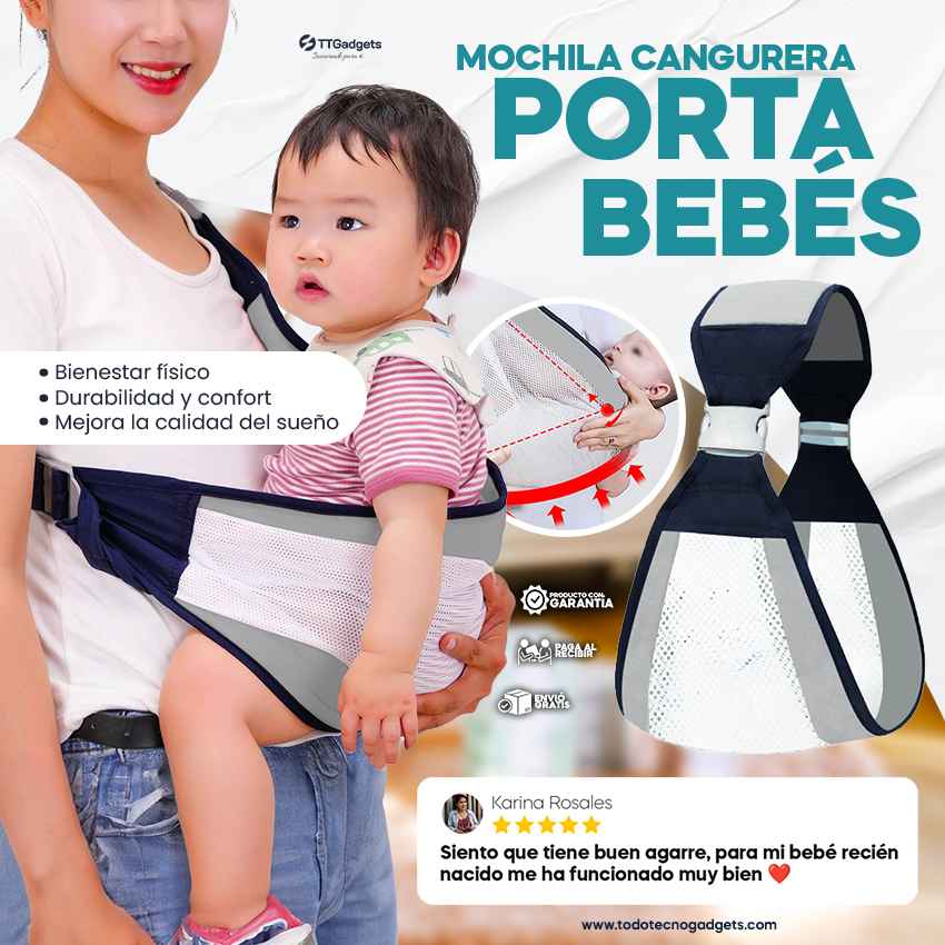 Mochila Cangurera Portabebés Ergonomica soporta hasta 20kg BabySafe™