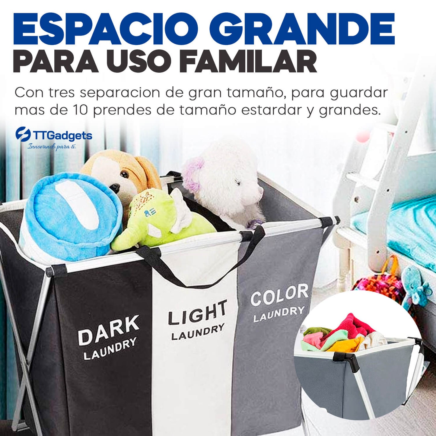 CESTO DE ROPA CON 3 DIVISIONES BLANCO/GRIS/COLOR SuperClean™
