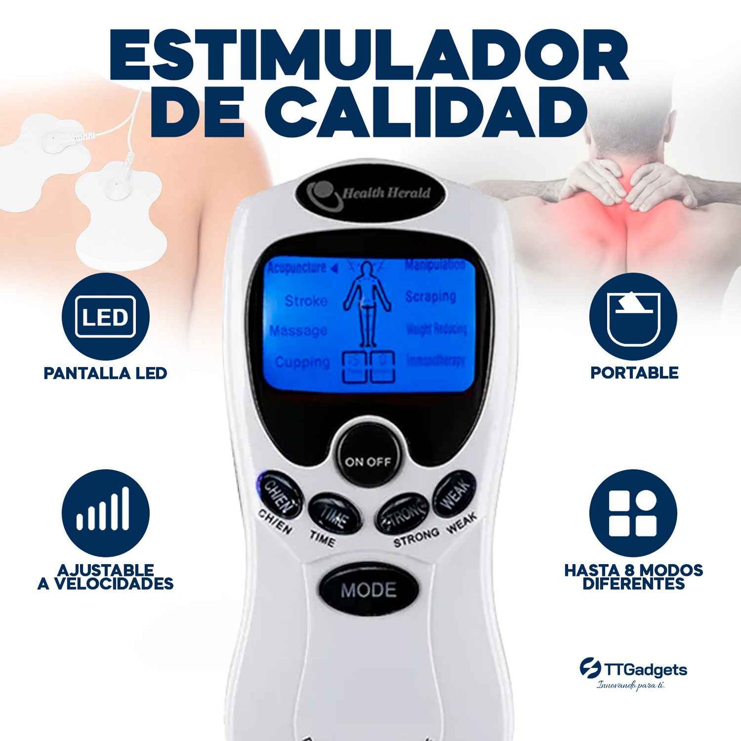 Electro Estimulador para Aliviar el Dolor, Masajeador Muscular, 8 modos/intensidad distintos Ideal para Todo el Cuerpo | Garantía 30 días