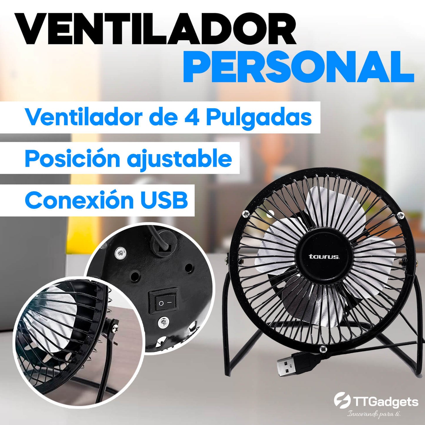 Ventilador Portátil | 4 Pulgadas | Conexión USB Ideal para Oficina y tu hogar